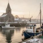 Coastal church and fishing boat representing St. Nicholas as sailors’ patron