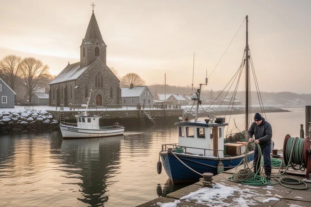 Coastal church and fishing boat representing St. Nicholas as sailors’ patron