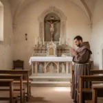 Capuchin friar praying in a quiet chapel with covered hands