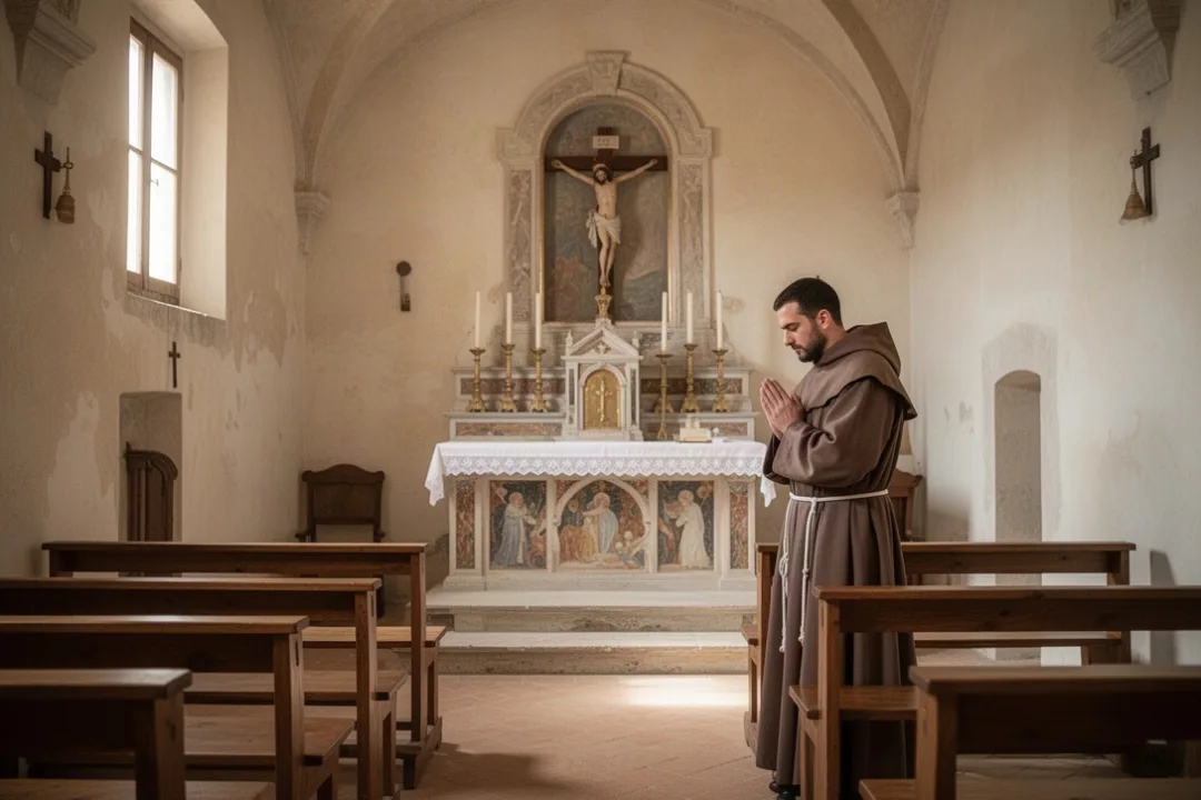 Capuchin friar praying in a quiet chapel with covered hands