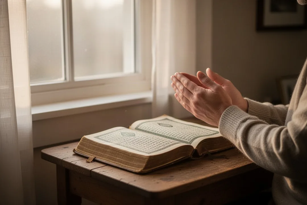 Person praying St. Patrick’s Breastplate beside an open antique prayer book