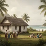 Nineteenth-century Catholic mission setting on a tropical Polynesian island