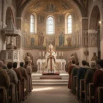 Bishop preaching to a congregation in a fifth-century Ravenna basilica