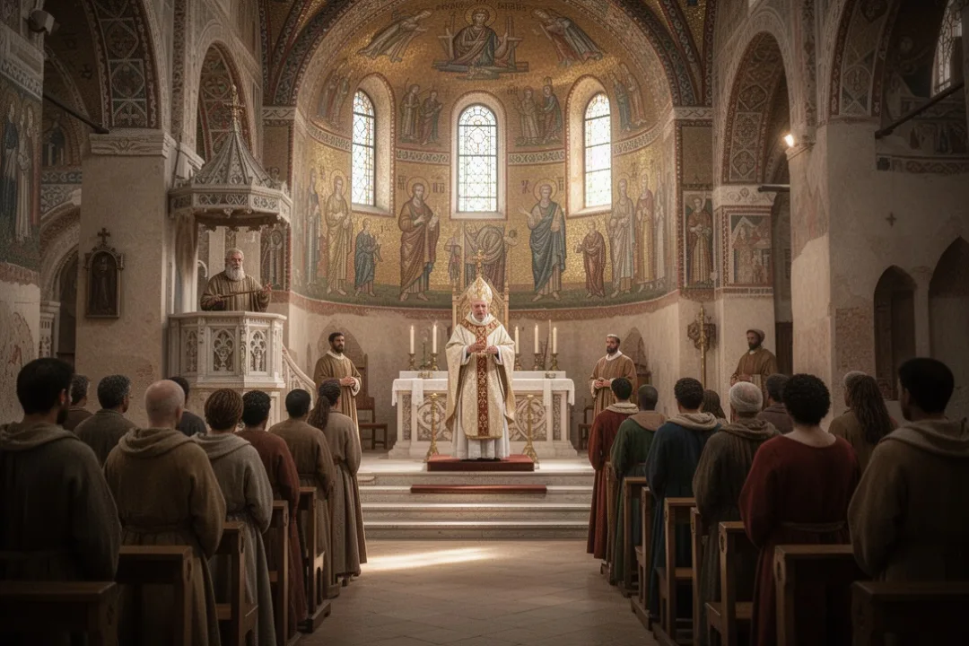 Bishop preaching to a congregation in a fifth-century Ravenna basilica