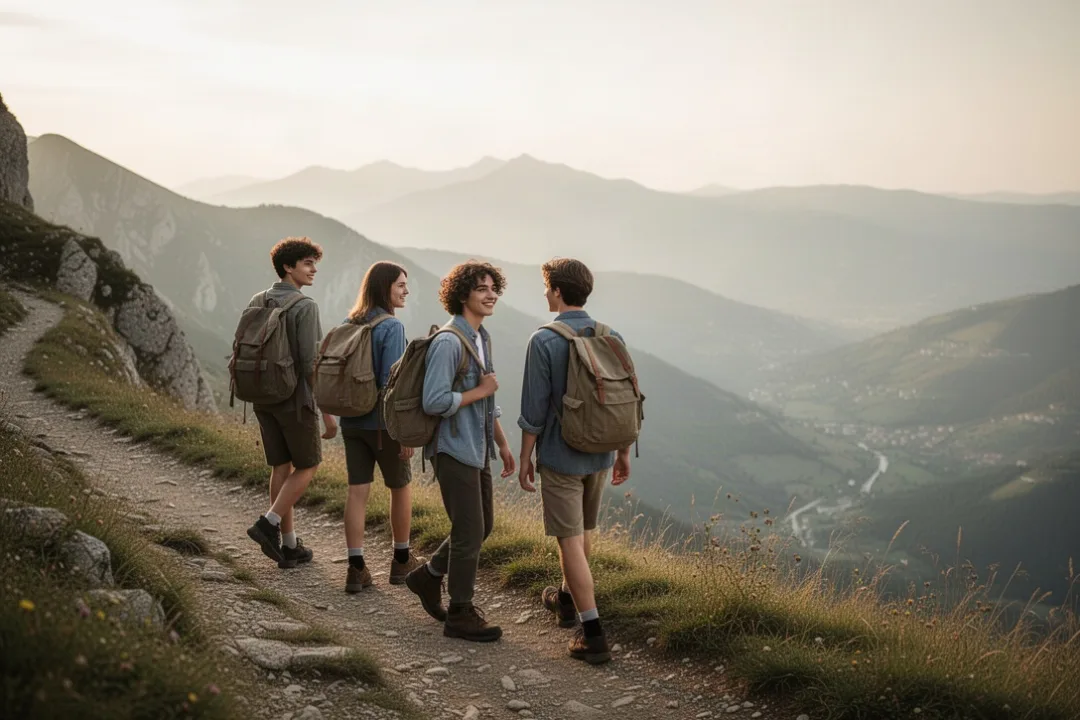Young friends hiking together in the mountains inspired by Frassati
