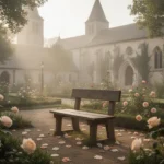 Roses and prayer bench beside a quiet Carmelite convent garden