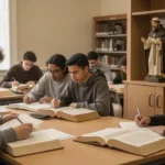 St. Thomas Aquinas: patron saint of students and scholars Students studying beside a statue representing St. Thomas Aquinas
