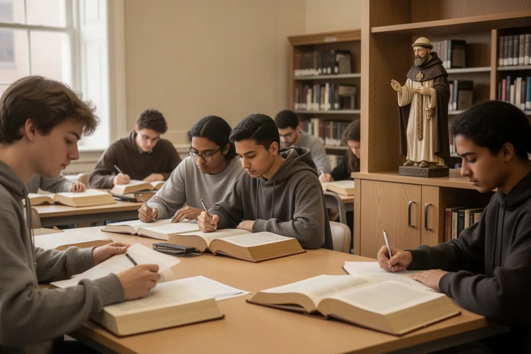 Students studying beside a statue representing St. Thomas Aquinas