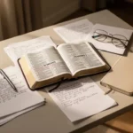 Open Bible and notes prepared for a thoughtful study of Romans