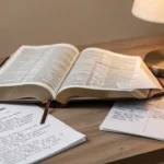 Open Bible with study notes and a reading plan on a wooden table