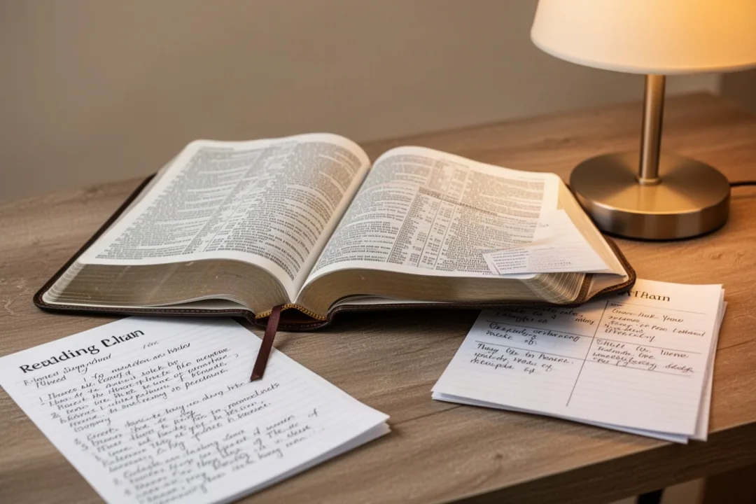 Open Bible with study notes and a reading plan on a wooden table