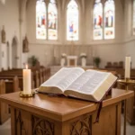 Open Lectionary on a church ambo before Sunday Mass
