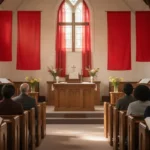 Church sanctuary decorated in red for Sunday Pentecost worship
