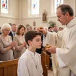 Minister anointing a teenager with chrism during Confirmation