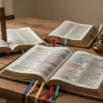 Open Gospel manuscripts representing comparison of the Synoptic Gospels