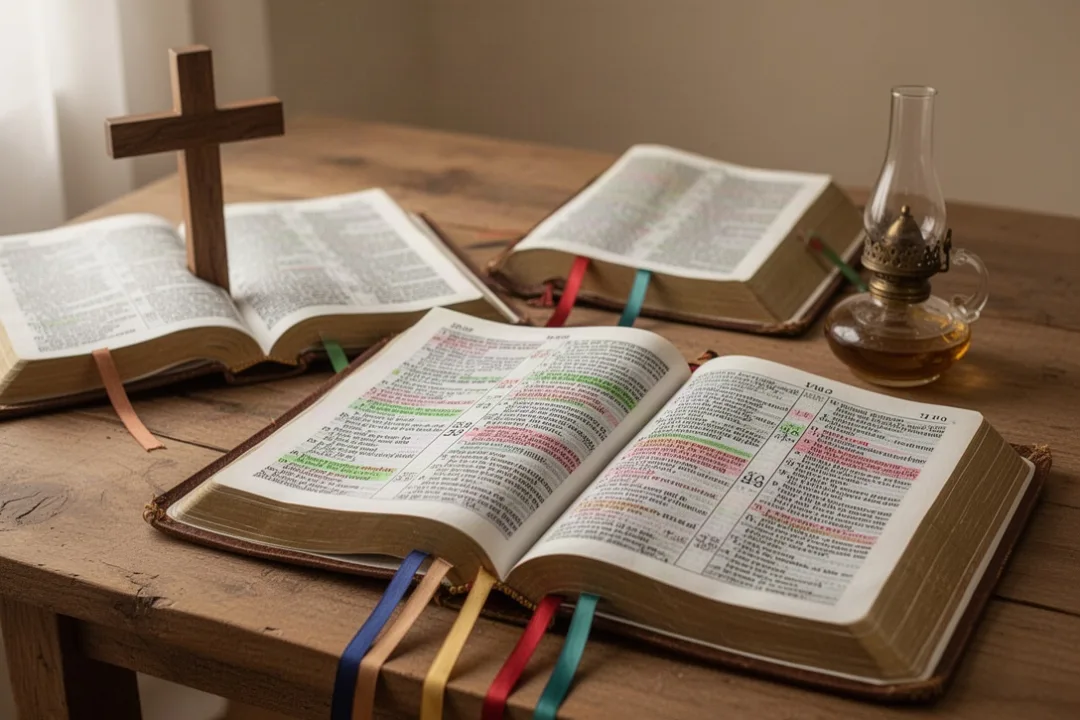 Open Gospel manuscripts representing comparison of the Synoptic Gospels