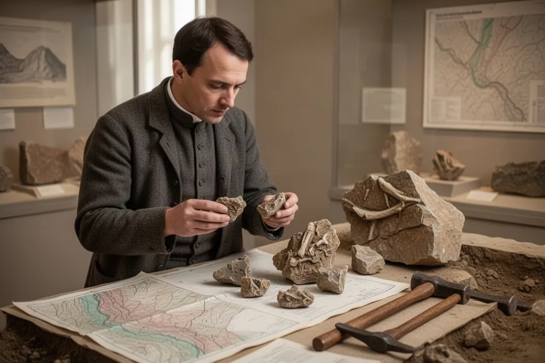 Jesuit paleontologist examining fossils at an archaeological excavation