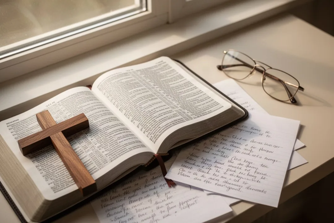 Open Bible with study notes, cross, and reading glasses in morning light