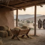 Manger in Bethlehem with shepherds approaching at dawn