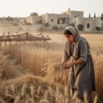 Ruth gleaning barley in a Bethlehem field during harvest