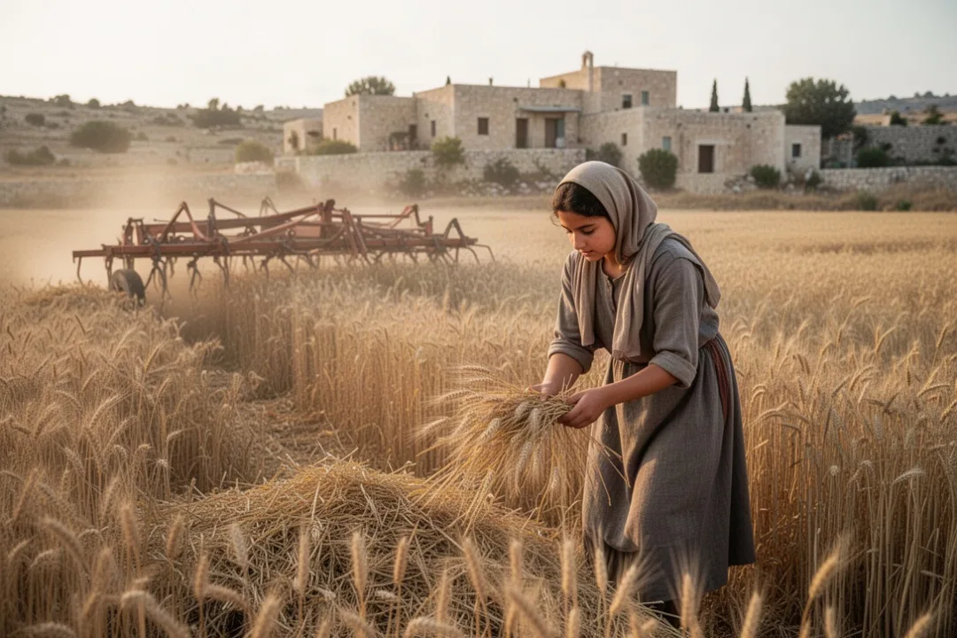 Ruth gleaning barley in a Bethlehem field during harvest