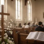 Easter church worship with sunlight, flowers, cross, and seated congregation