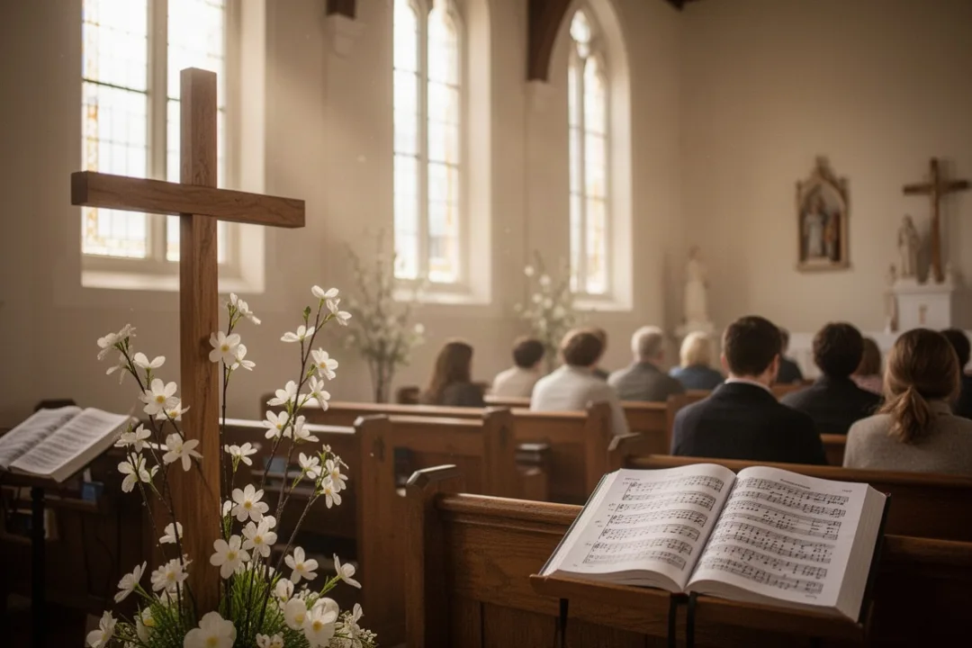 Easter church worship with sunlight, flowers, cross, and seated congregation