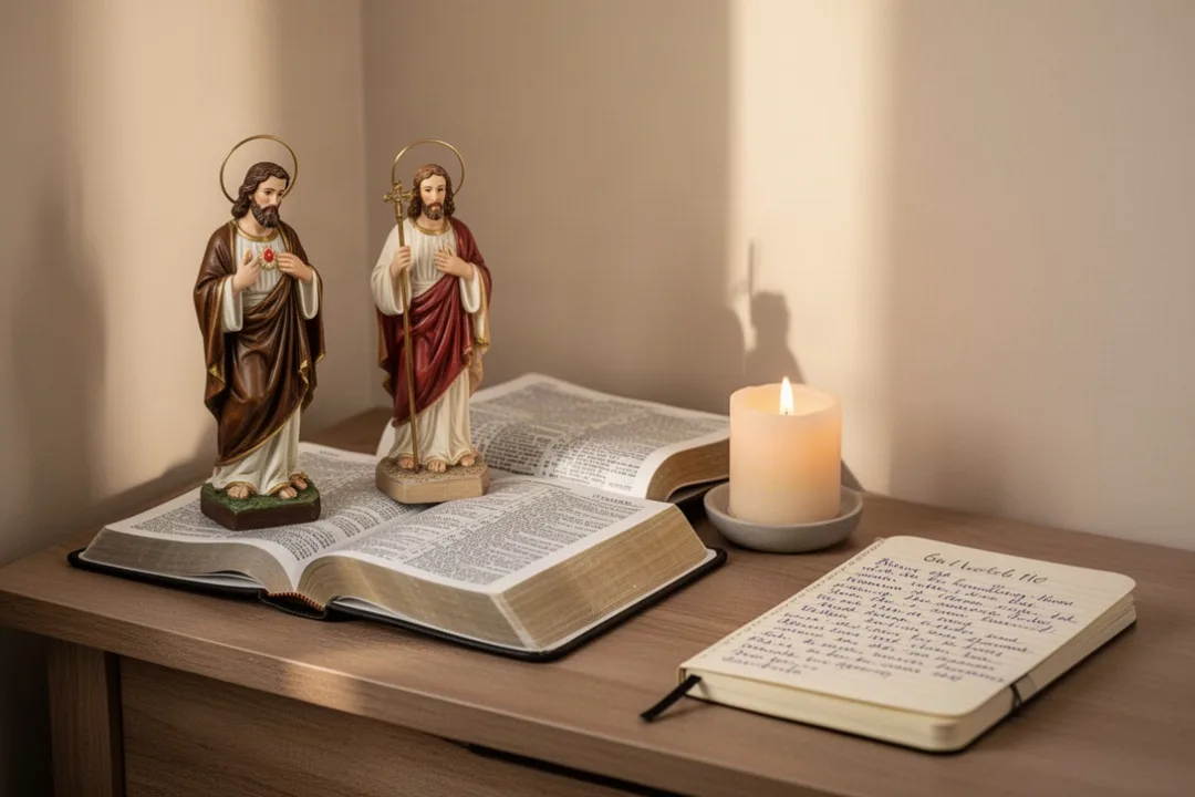 Prayer corner with St. Joseph statue, Bible, candle, and journal