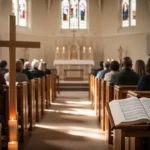 Wooden cross illuminated during a quiet Good Friday church service