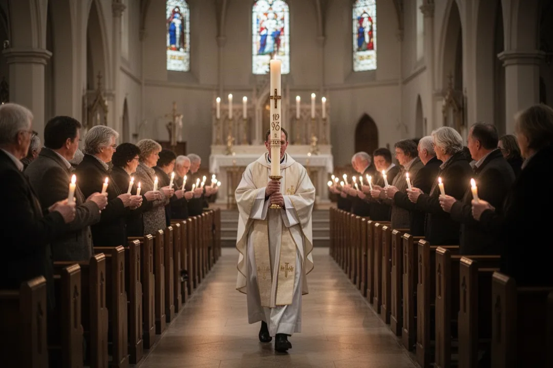 Paschal candle carried through a Catholic church during the Easter Vigil
