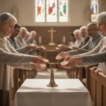 Congregation sharing bread and wine during a reverent Eucharist service