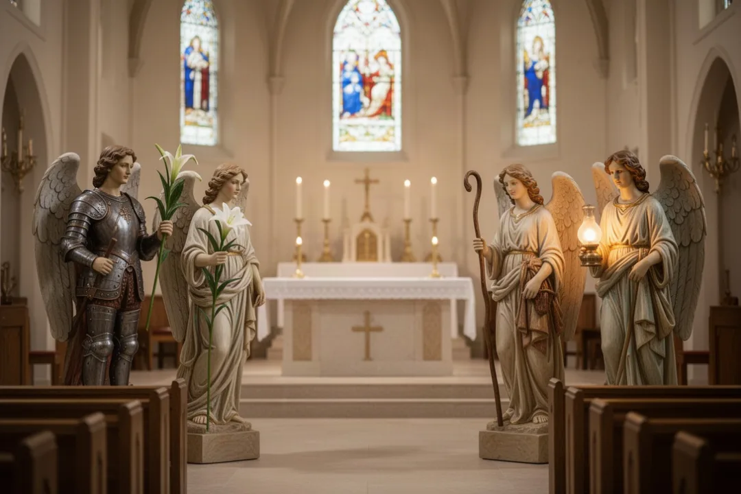 Four symbolic archangel statues representing protection, messages, healing, and wisdom