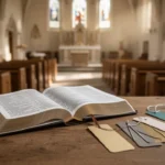 Open Bible with four bookmarks in a softly lit church