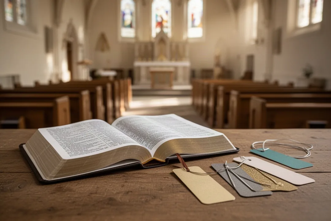 Open Bible with four bookmarks in a softly lit church