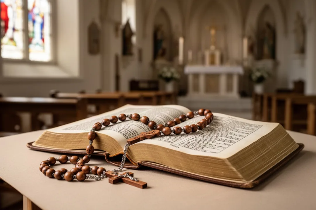 Wooden Rosary beside an old prayer book in a quiet church