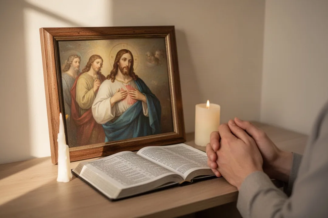 Home prayer corner with Holy Face image, Bible, candle, and praying hands