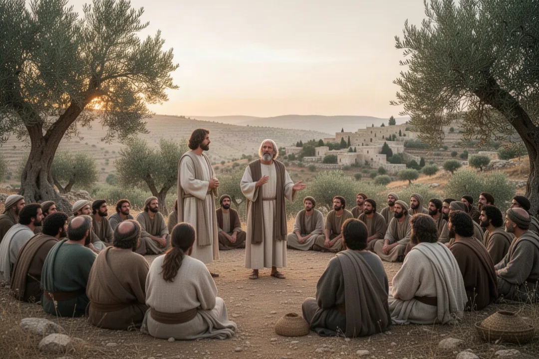 Jesus teaching a diverse crowd on a Galilean hillside