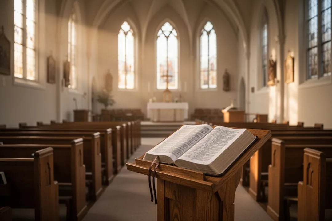 Open Bible in a quiet church sanctuary at dawn