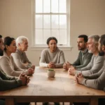 Diverse church group practicing patient, caring fellowship around a table