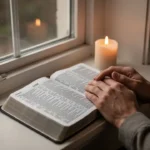 Open Bible and candle during quiet evening prayer