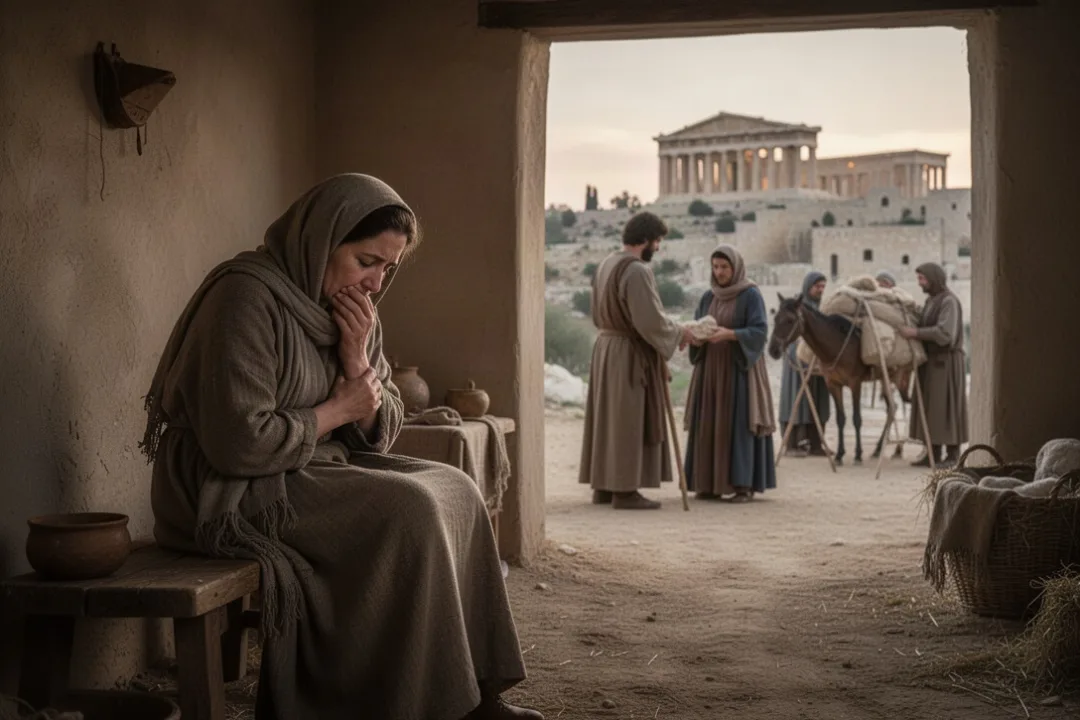 Grieving Bethlehem mother as a family prepares to flee Herod’s violence