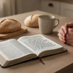 Bible, bread, cup, and journal representing biblical thanksgiving
