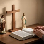 Prayer corner with Saint Joseph statue and open devotional book