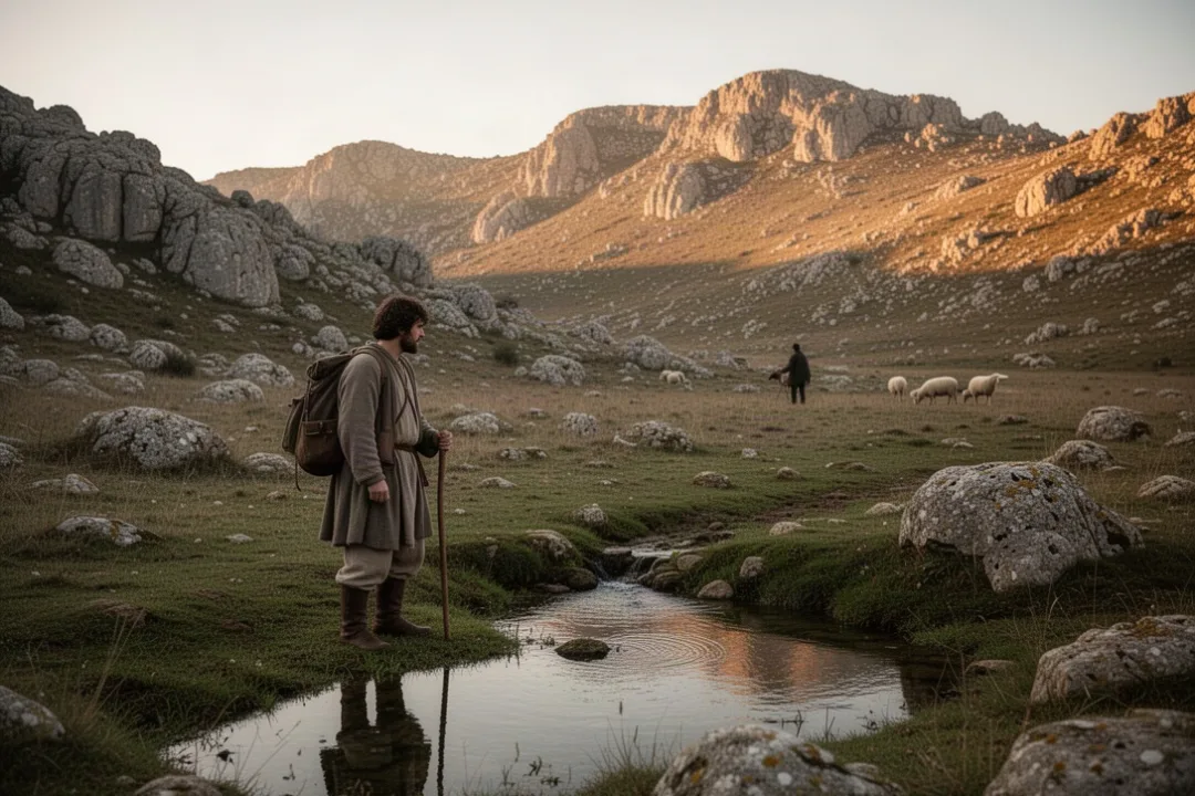 Ancient wilderness spring with distant shepherd symbolizing God’s guidance