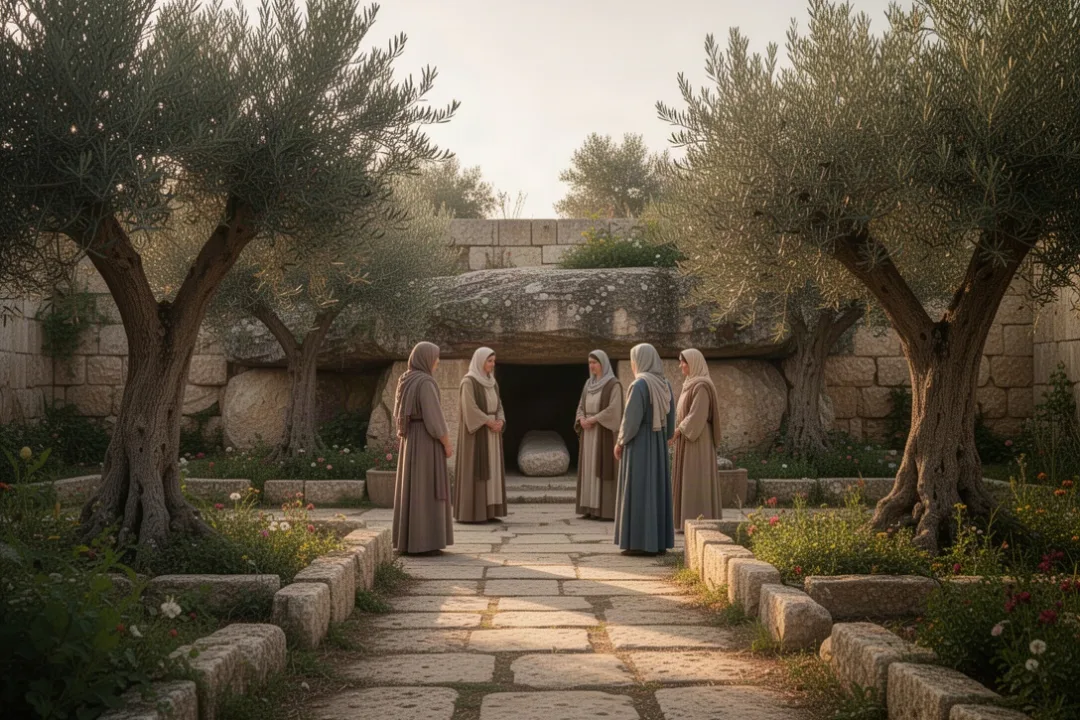 Women discover the empty tomb at dawn near Jerusalem