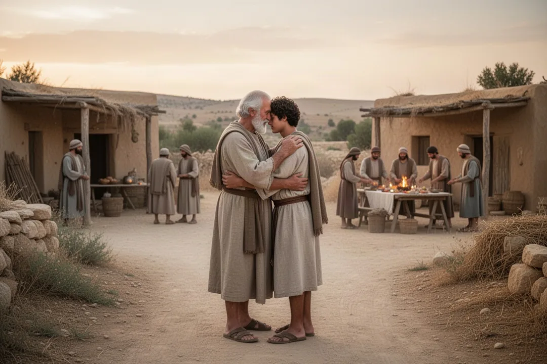 Father welcoming the returning prodigal son outside his family home