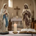 Statue of Our Lady of Sorrows beside candle and open Bible