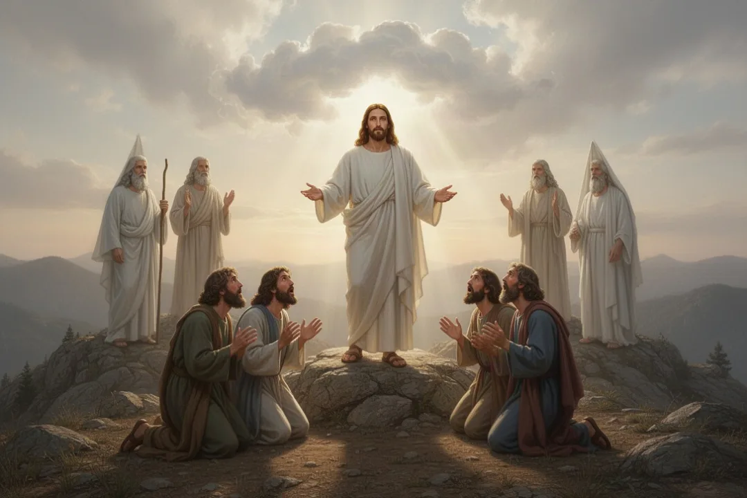 Jesus transfigured on a mountain before three astonished disciples