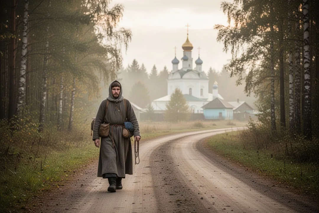 Russian pilgrim walking toward a distant church through a forest