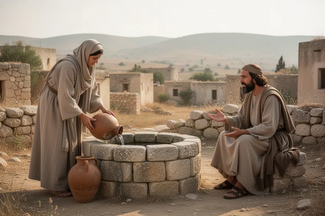 Samaritan woman meeting Jesus beside a stone well